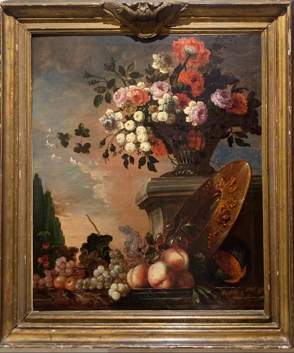 Peinture Sur Toile "nature Morte Au Vase De Fleurs Et De Fruits" Attribuée à Gaspar Lopez.-photo-2