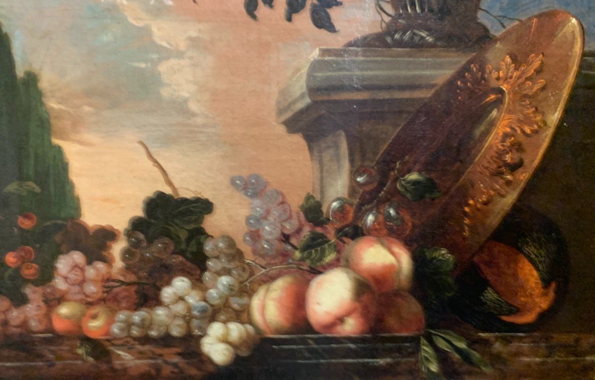 Peinture Sur Toile "nature Morte Au Vase De Fleurs Et De Fruits" Attribuée à Gaspar Lopez.-photo-3