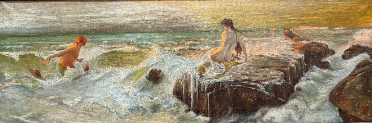 Paysage Marin Mythologique Avec Sirène Et Tritons, Peint Sur Toile Par B.b. Knüpfer-photo-2