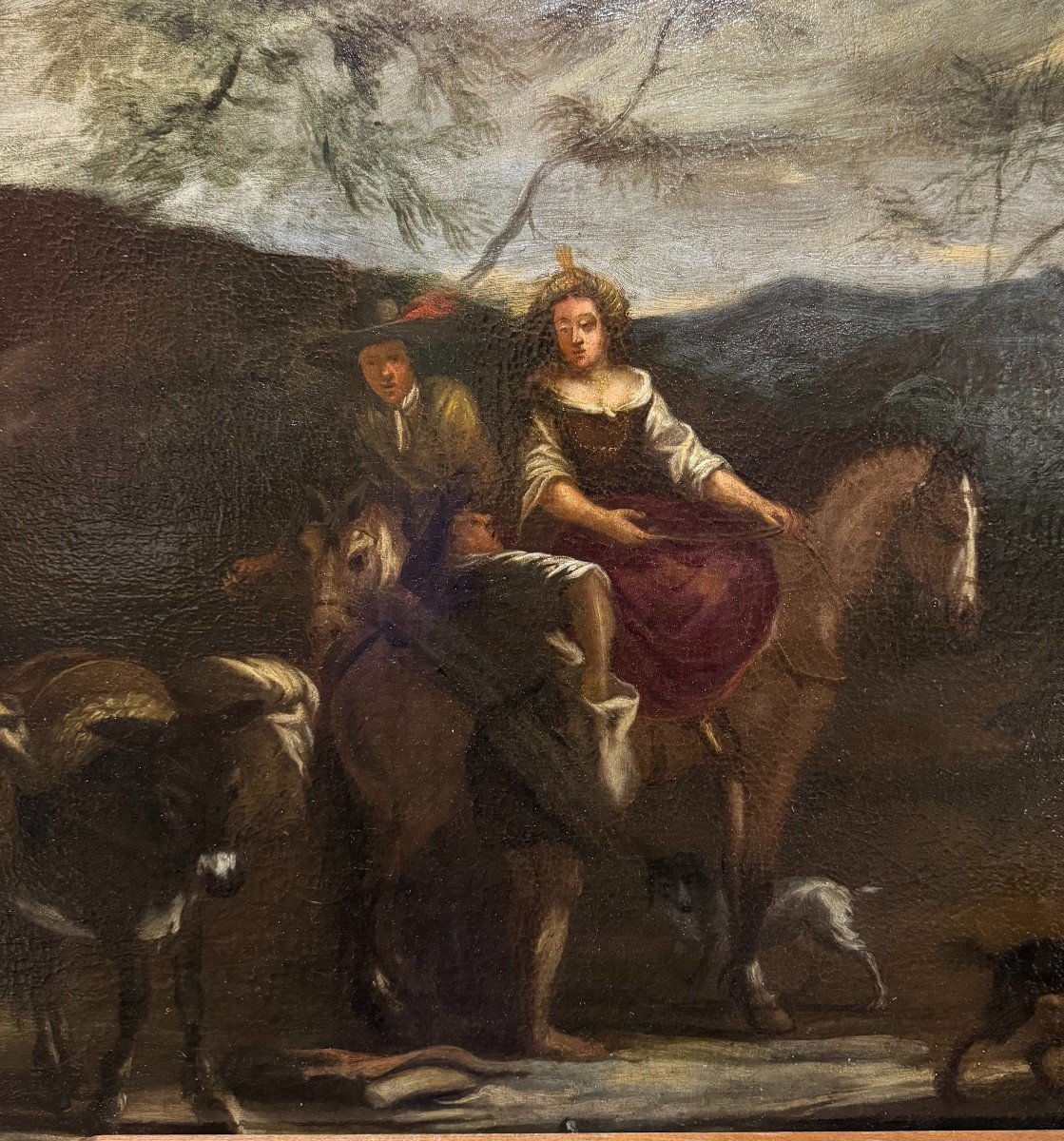 Pair Of Oil Paintings On Canvas Depicting Landscapes With Wayfarers On Horseback.-photo-6