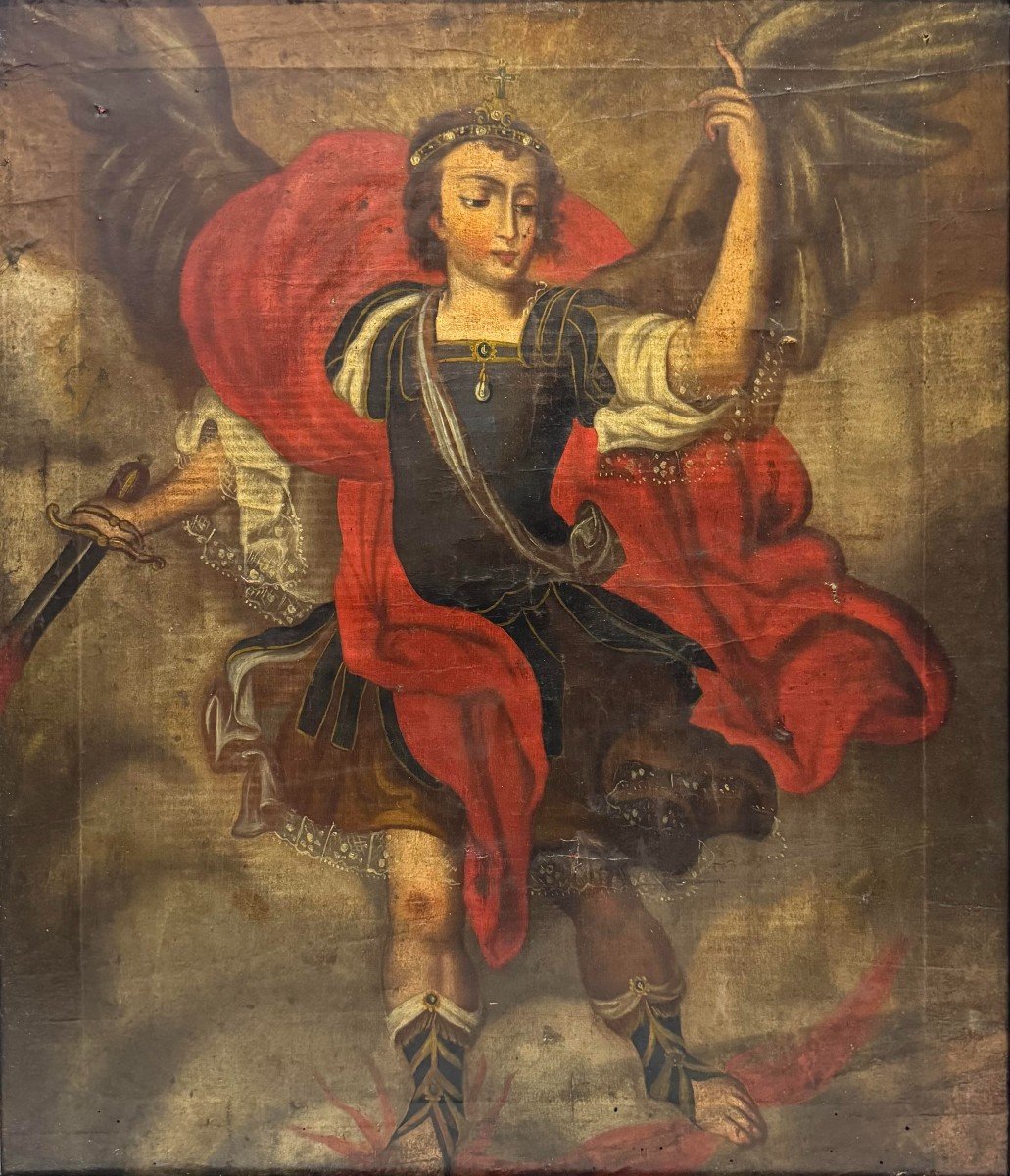 Saint Michael Oil Painting On Canvas - 18th Century-photo-2