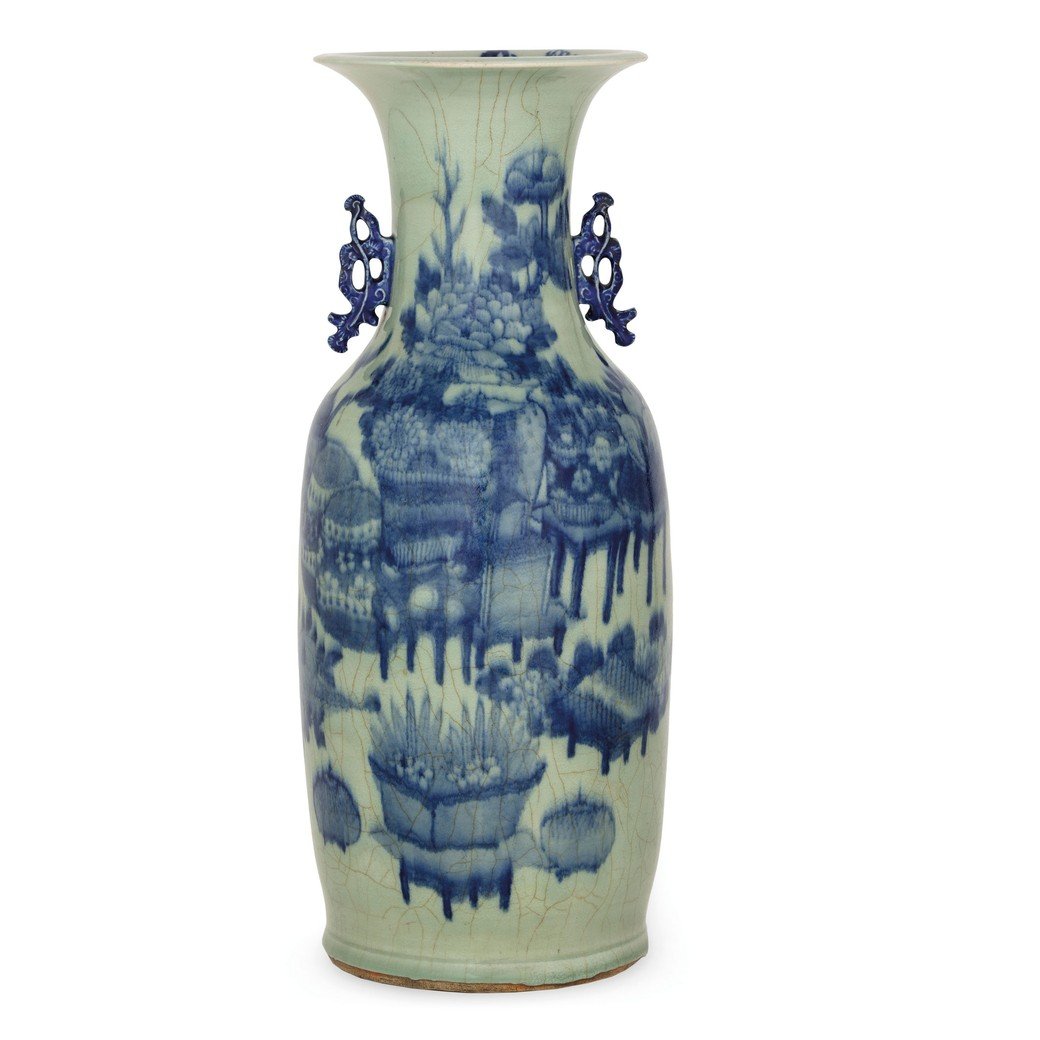 Chinese Balustrade Vase In Celadon And Blue Glazed Porcelain Under Deck-photo-1