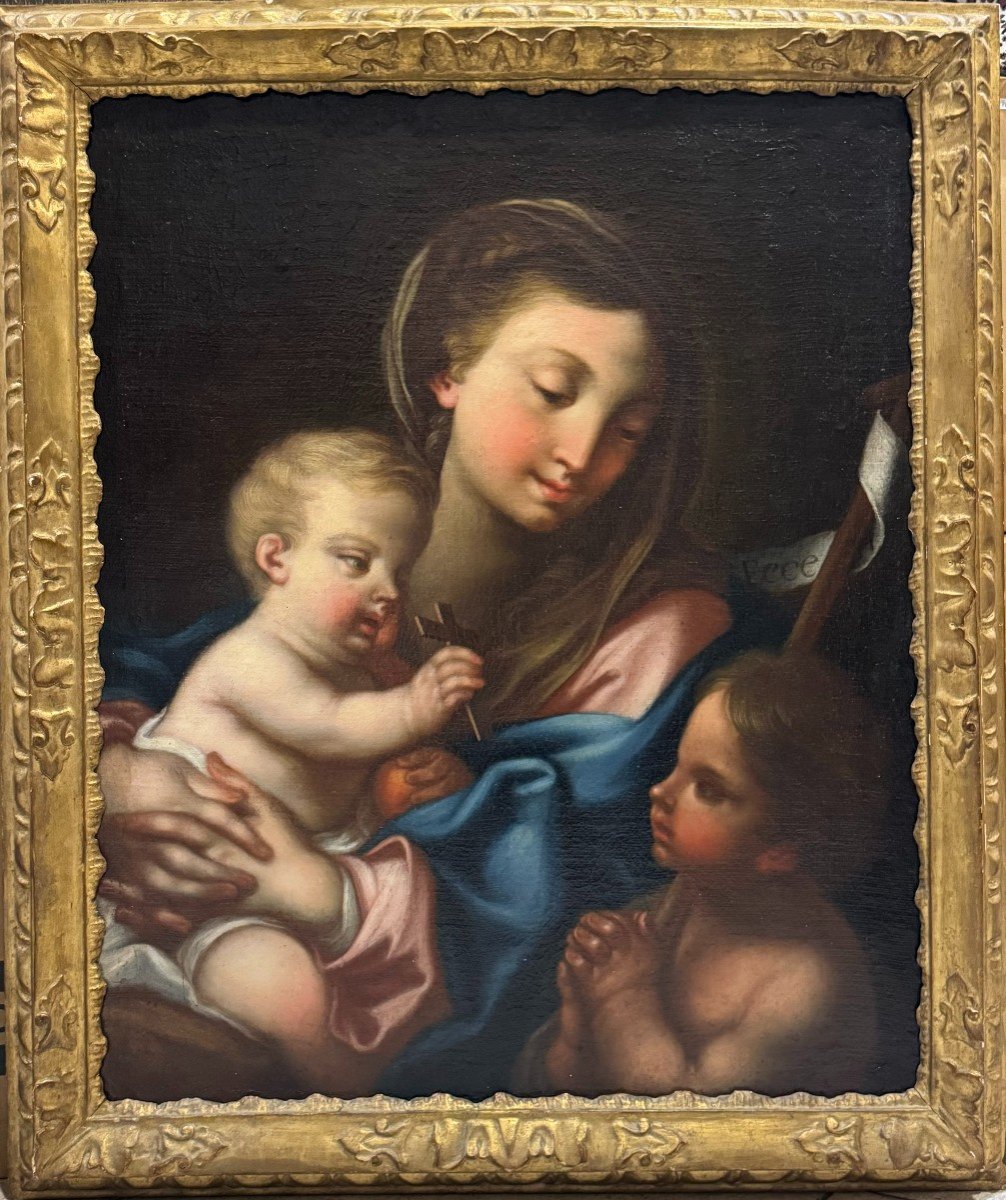 Painting On Canvas " Madonna With Child And Saint John The Baptist " - Atelier Carlo Cignani-photo-3