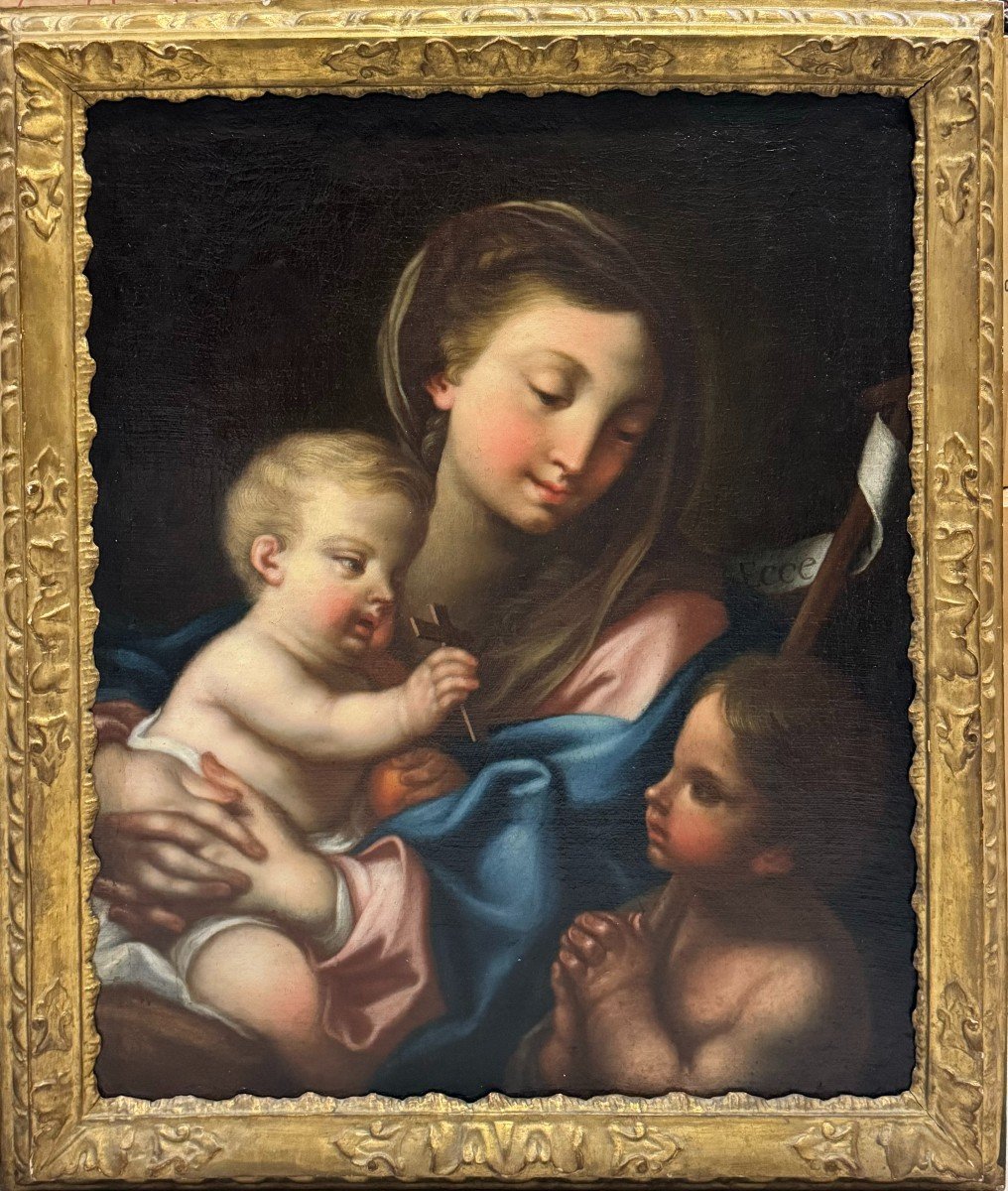 Painting On Canvas " Madonna With Child And Saint John The Baptist " - Atelier Carlo Cignani