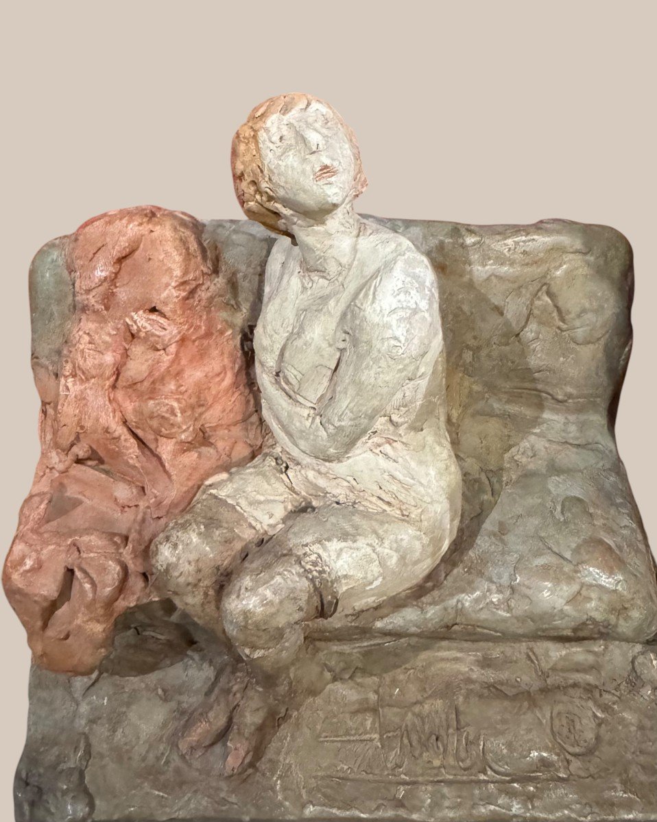 Cleto Tomba - Femme à Semi-nue Assise Sur Un Divan Avec Un Médecin, En Terre Cuite Polychrome-photo-2