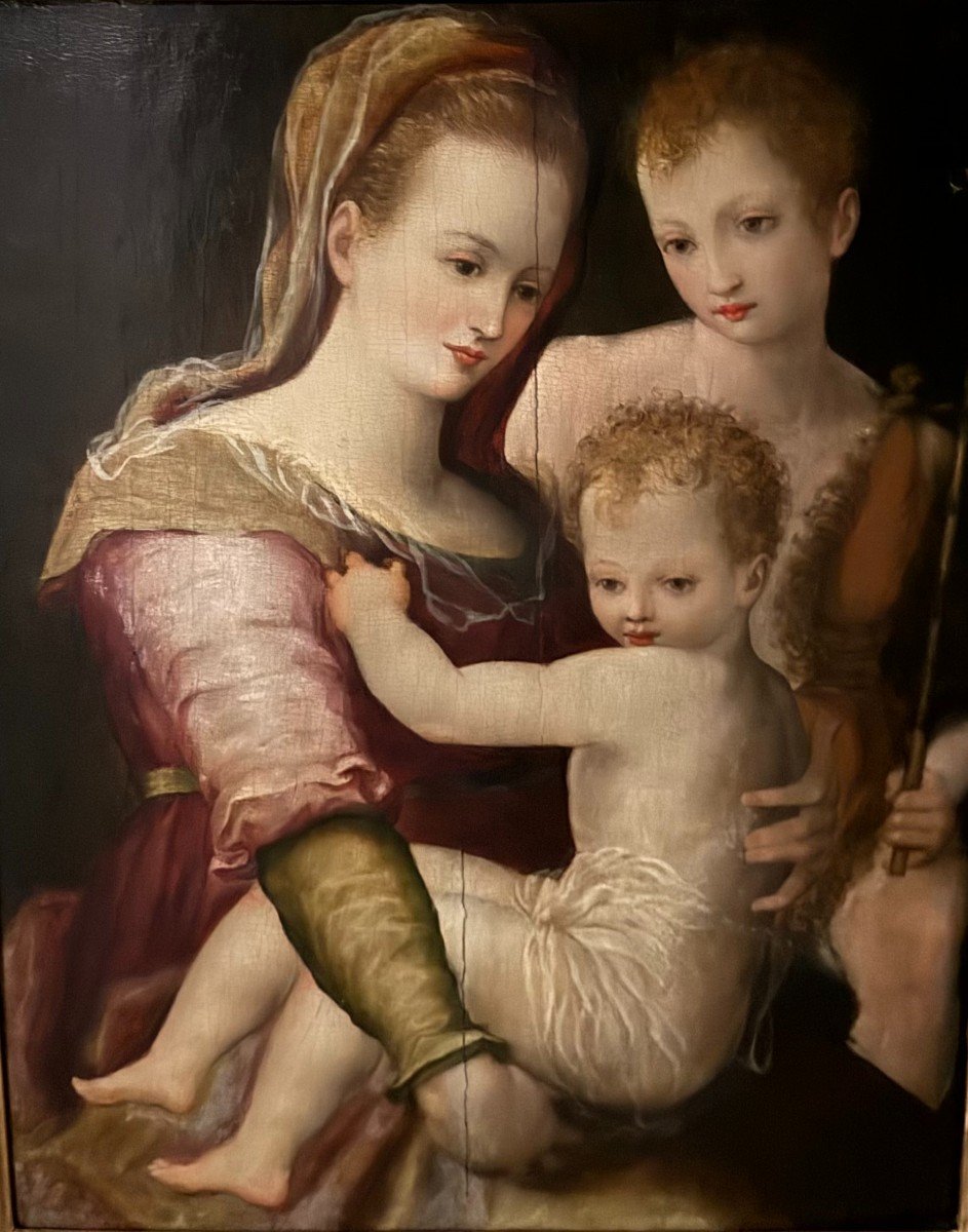 Madonna With Child And St. John The Baptist - Painting On Wood - Alessandro Allori