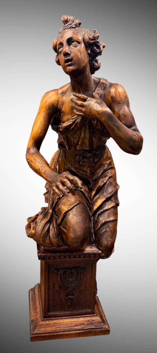 Large Wooden Sculpture "kneeling Announcing Angel"-photo-2