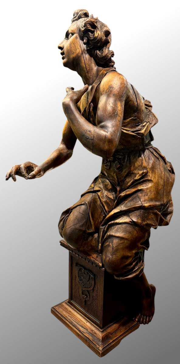 Large Wooden Sculpture "kneeling Announcing Angel"-photo-3