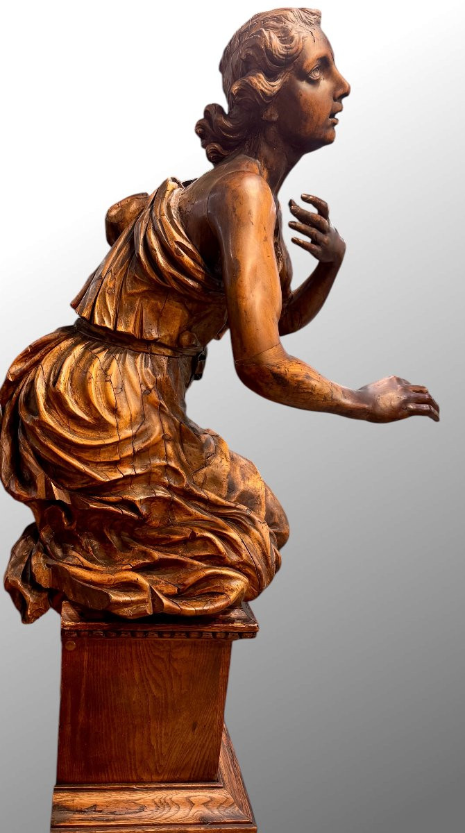 Large Wooden Sculpture "kneeling Announcing Angel"-photo-4