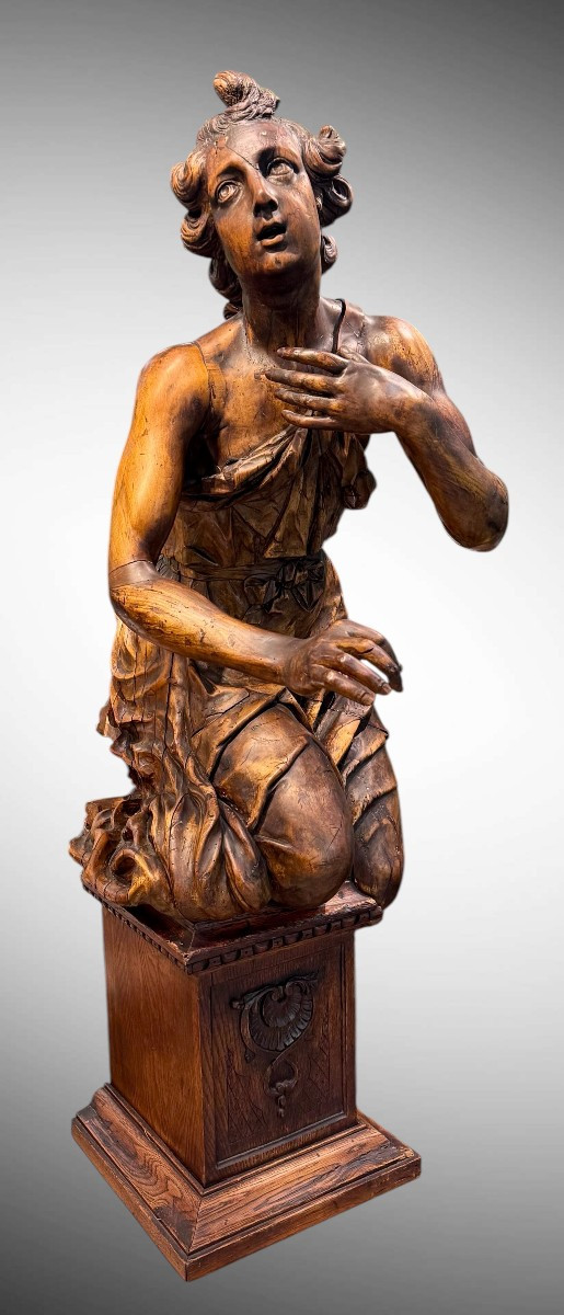 Grande Sculpture En Bois « Ange Annonçant à Genoux »