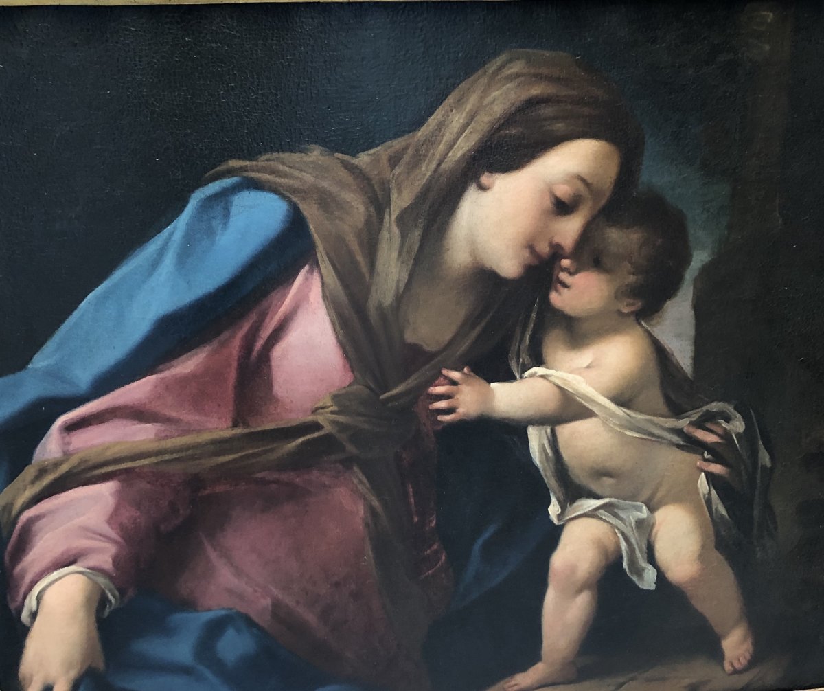 Vierge avec  l'Enfant - -  Peinture Sur Toile XVII Siècle.   -photo-3