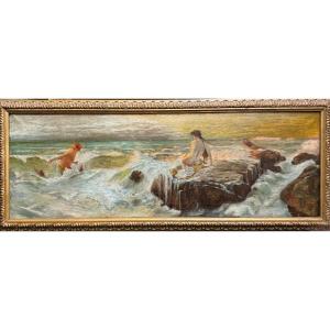 Mythological Seascape With Mermaid And Tritons, Painted On Canvas By B.b. Knüpfer