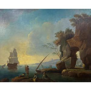 Coastal View At Sunset With Sailing Ship, Painted On Canvas