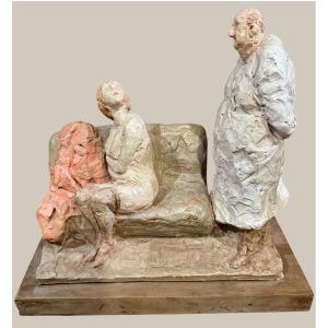 Cleto Tomba - Semi-nude Woman Sitting On A Couch With A Doctor, In Polychrome Terracotta