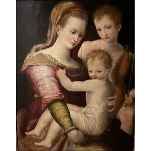 Madonna With Child And St. John The Baptist - Painting On Wood - Alessandro Allori