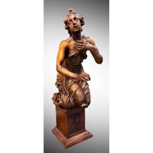 Large Wooden Sculpture "kneeling Announcing Angel"