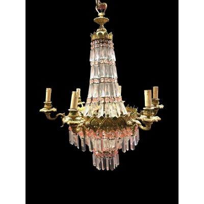 Balloon Chandelier In Gilded Bronze And Pink And Transparent Crystals