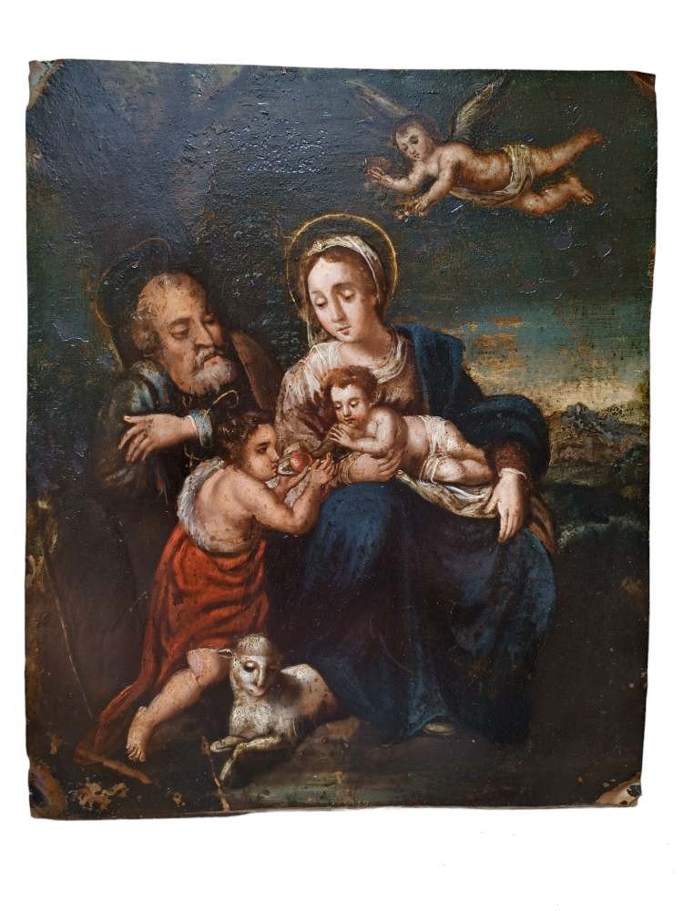 Large Oil Painting On Copper Depicting The Holy Family. Italy , Early 17th Century-photo-2