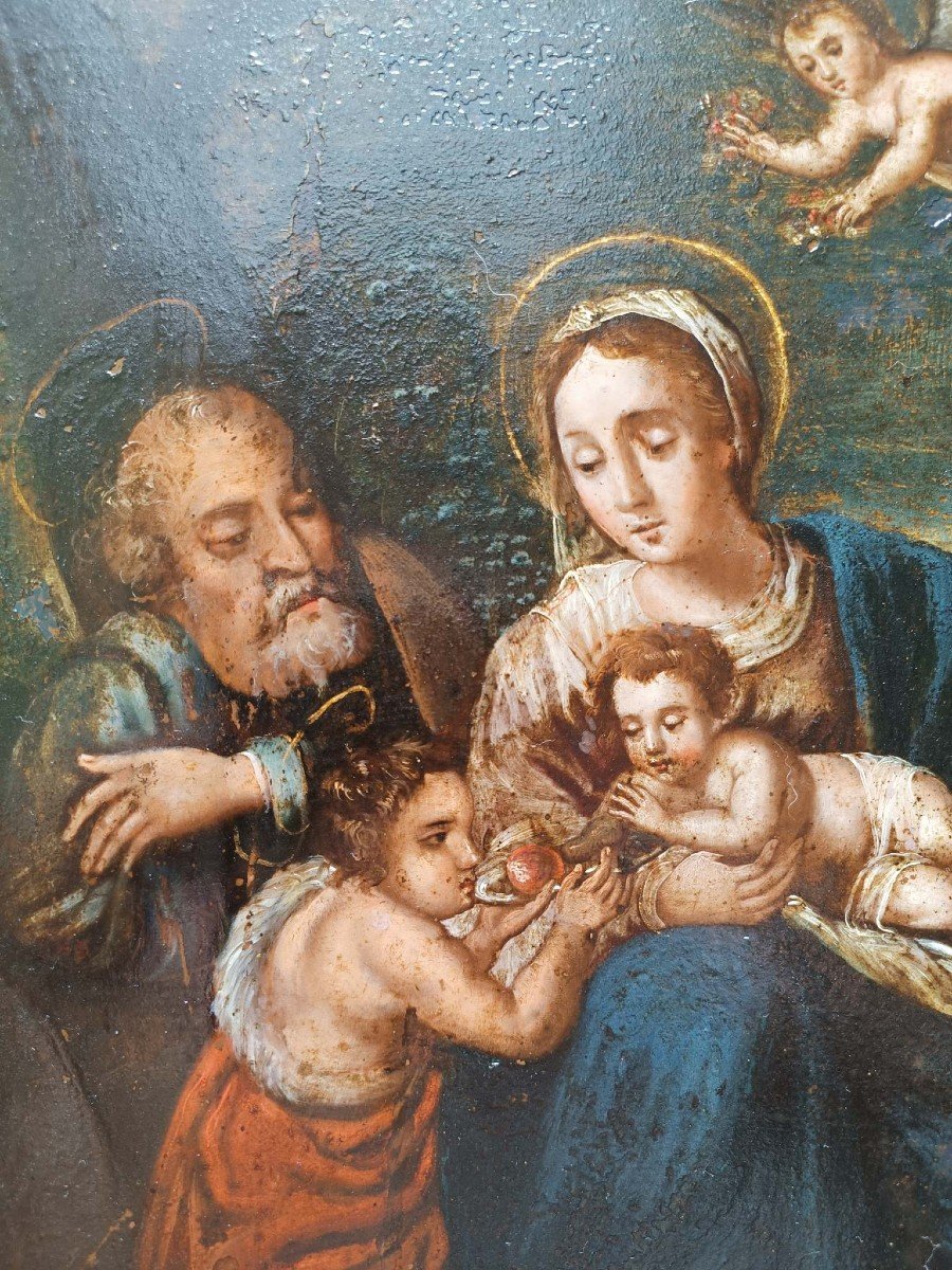 Large Oil Painting On Copper Depicting The Holy Family. Italy , Early 17th Century-photo-3