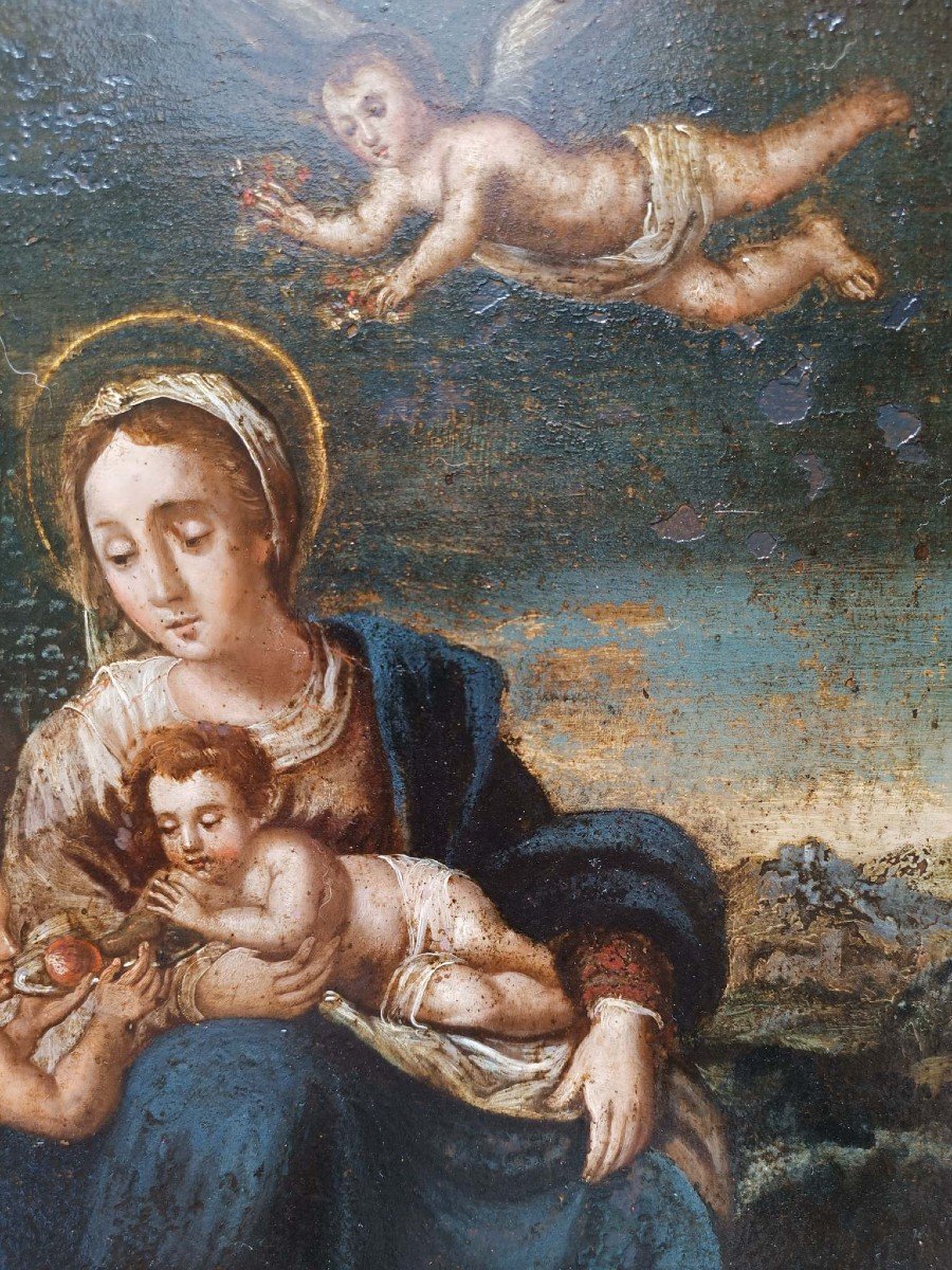 Large Oil Painting On Copper Depicting The Holy Family. Italy , Early 17th Century-photo-4