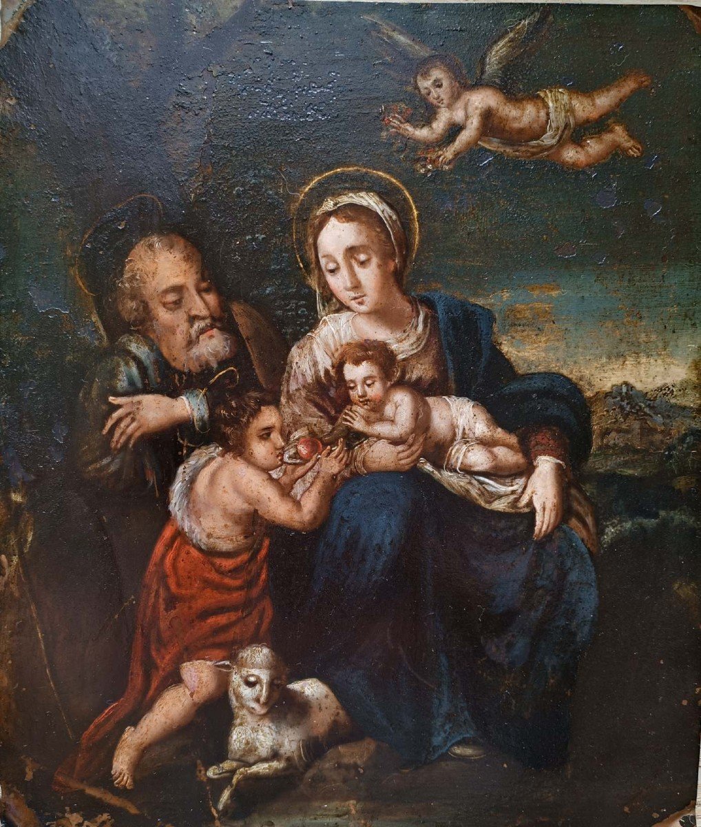 Large Oil Painting On Copper Depicting The Holy Family. Italy , Early 17th Century