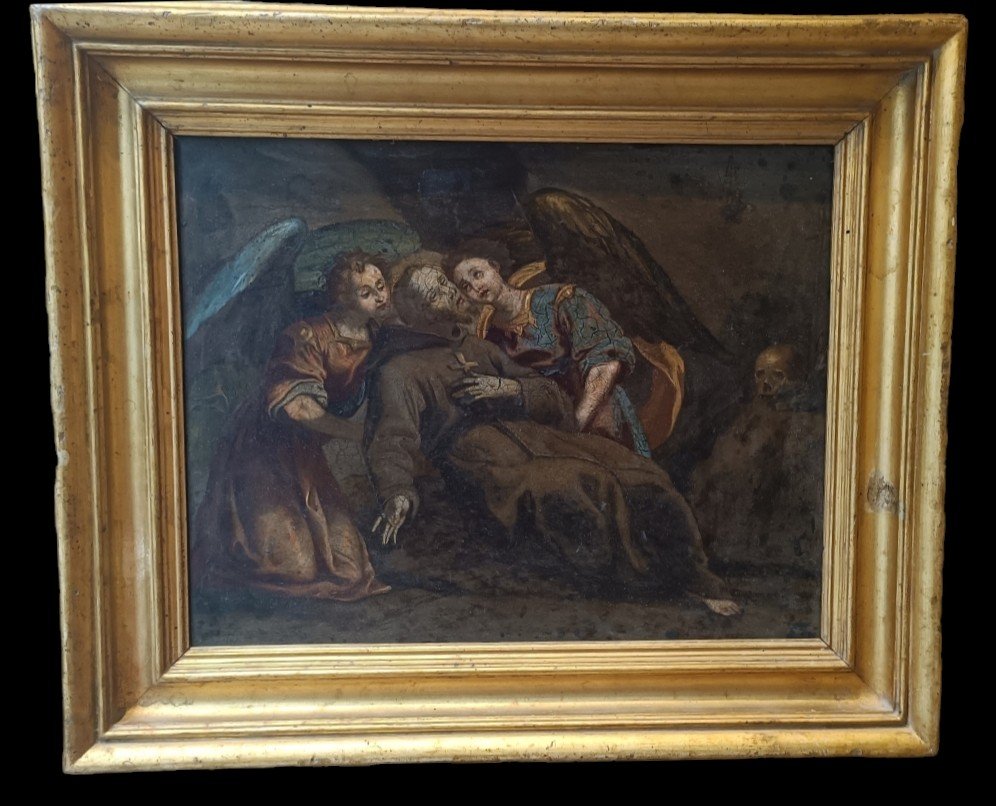 Oil On Slate Depicting The Lament Of Saint Francis . Verona,xvii Century