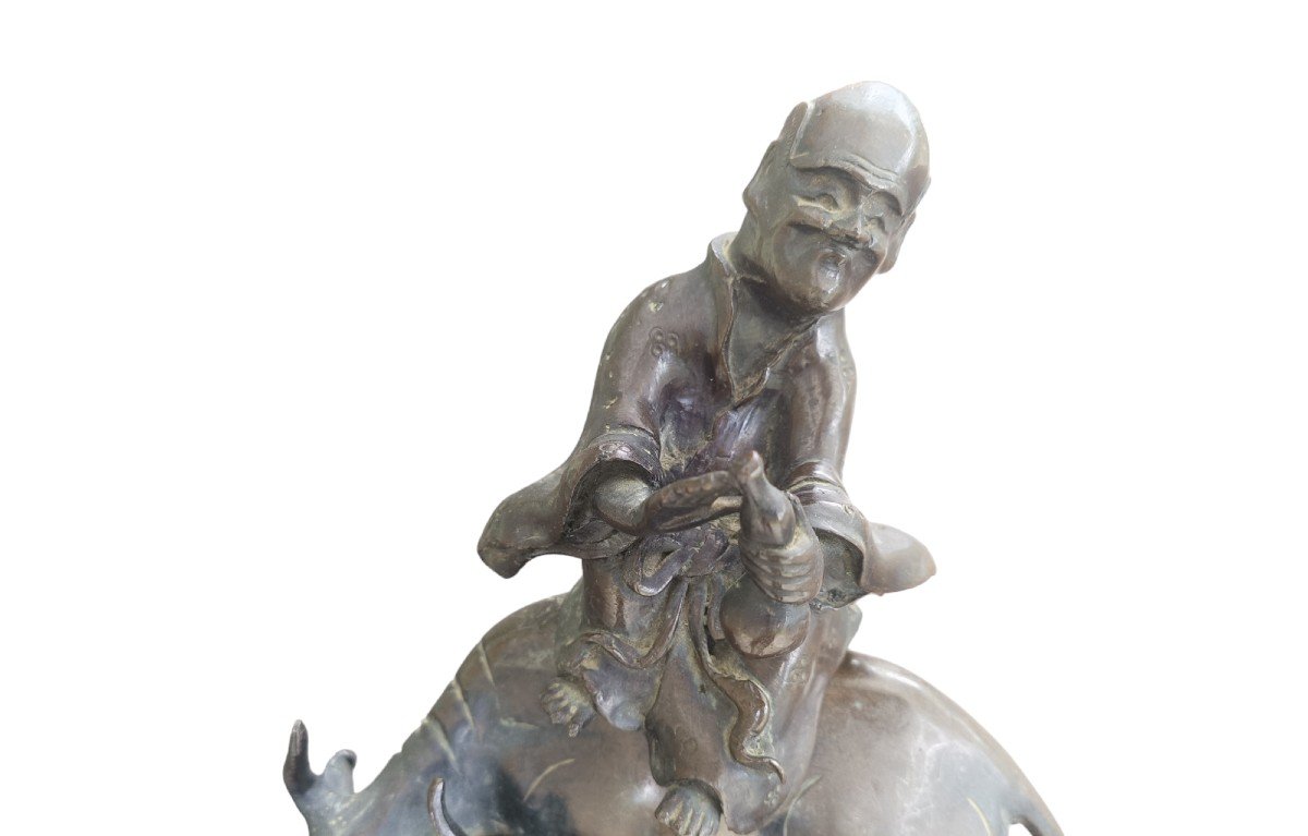 Bronze Sculpture Depicting A Old Man On A Buffalo. China,late 19th Century.-photo-2