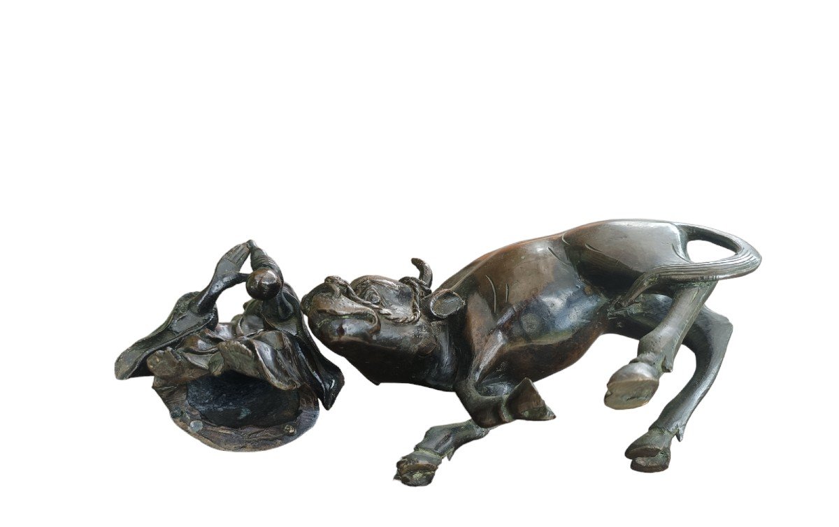 Bronze Sculpture Depicting A Old Man On A Buffalo. China,late 19th Century.-photo-4