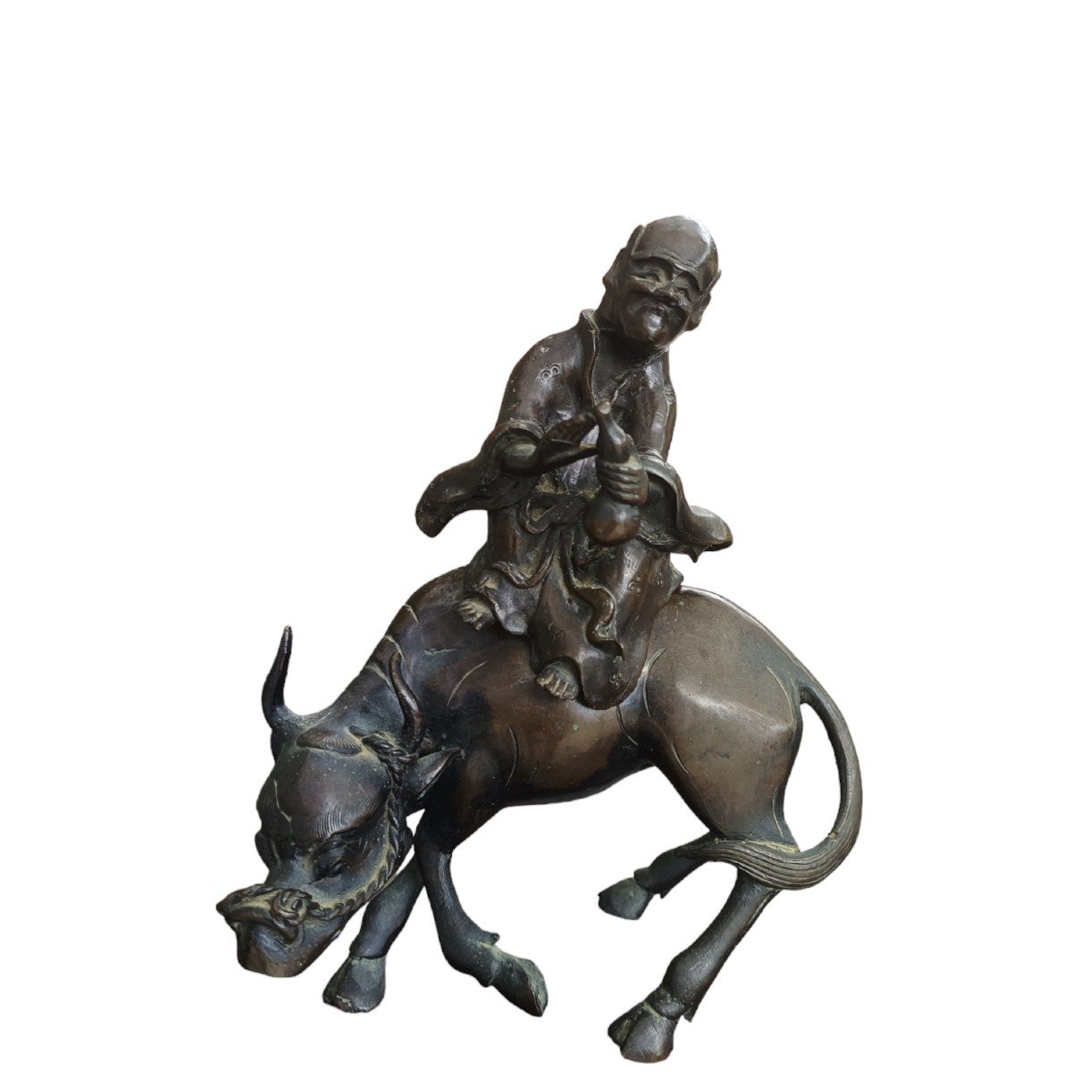 Bronze Sculpture Depicting A Old Man On A Buffalo. China,late 19th Century.