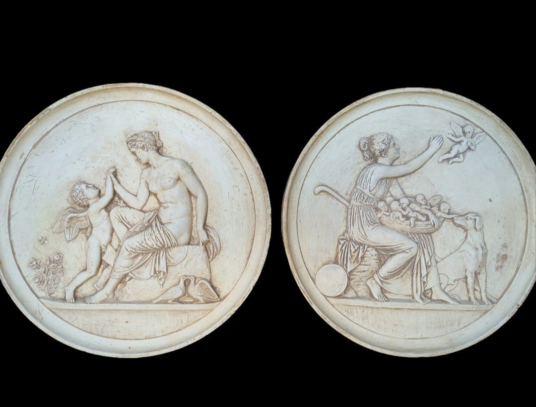 Pair Of  Plaster Tondi Depicting Classical Scenes.  Italy,early XX Century.