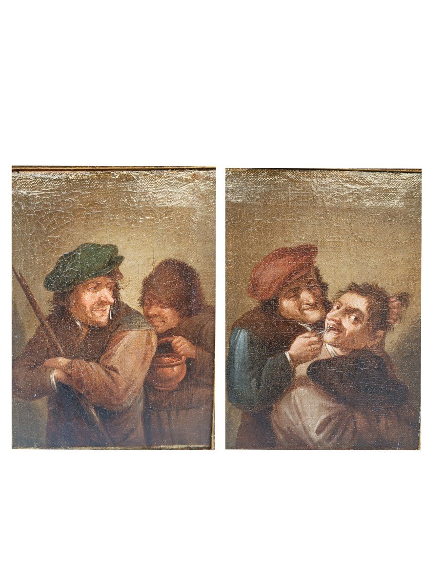 Paire De Peintures à l'Huile Sur Toile Représentant Des Scènes Burlesques. Flandre, XVIIIe Sièc