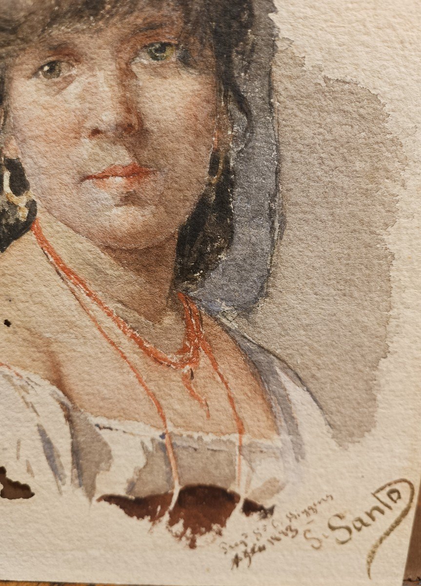 Watercolor Depicting A Woman. Dated 1883 ,signed S.santo.-photo-2