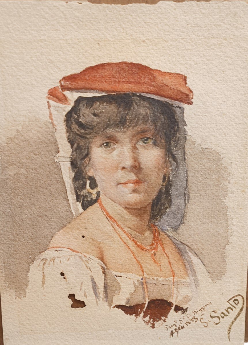 Aquarelle Représentant Une Femme, 1883. Signé S. Santo.