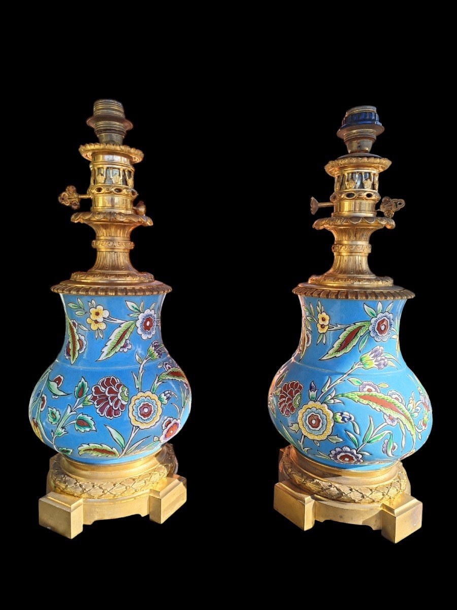 Pair Of Lamps In Longwy Ceramic.france,late 19th Century.