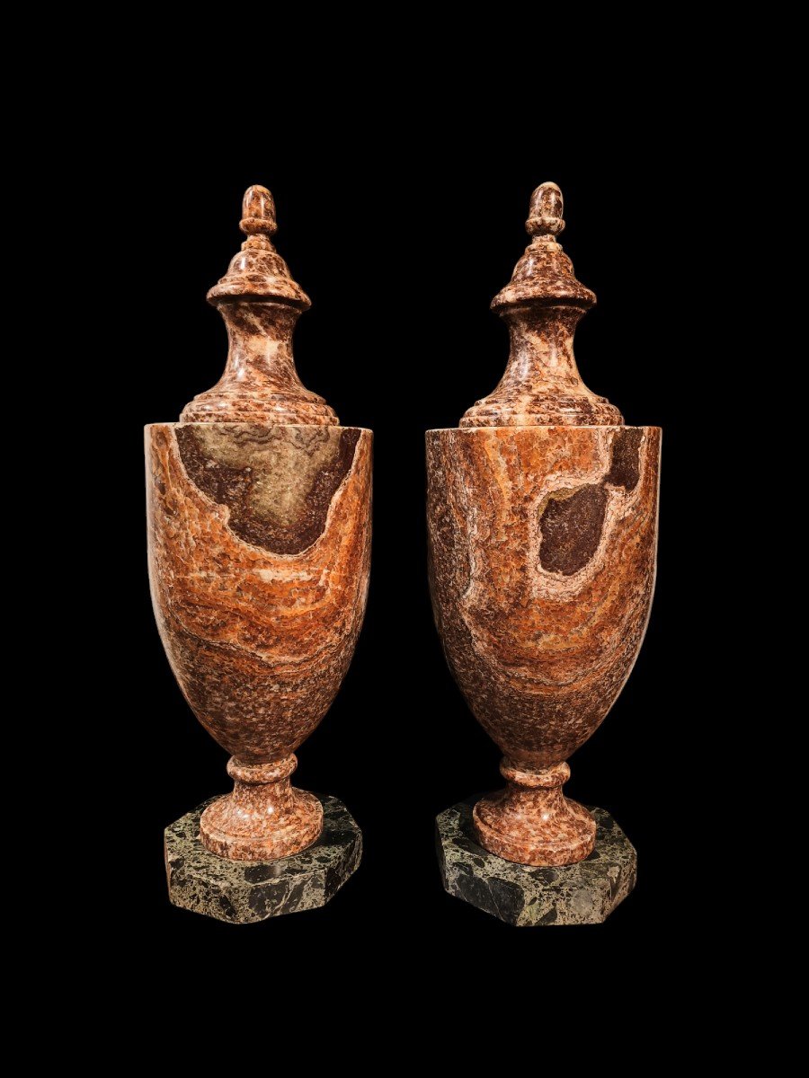 Pair Of Urn Vases In Marine Alabaster.rome,early 20th Century.