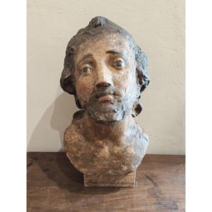 Sculpture En Stuc Polychrome Représentant Un Buste d'Homme, Italie, Début XVIIIe Siècle
