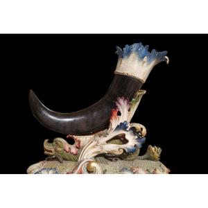 Important Centerpiece In Polychrome And Gilded Carved Wood And Horn. Italy, First Half XIX .