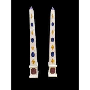 Pair Of White Marble Obelisks Inlaid With Marbles.italy,early XXth Century.