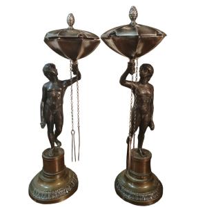 Pair Of Silver And Bronze Lamps.central Italy,early  XIXth Century.