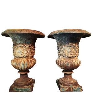 Pair Of Cast Iron Vases With Traces Of Paint.italy,late 19th Century.