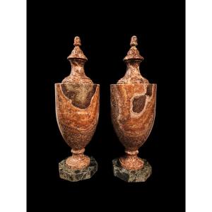 Pair Of Urn Vases In Marine Alabaster.rome,early 20th Century.