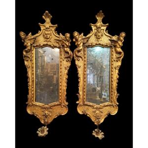 Pair Of Wooden And Gilded Pastiglia Mirrors.tuscany,early XIXth Century.