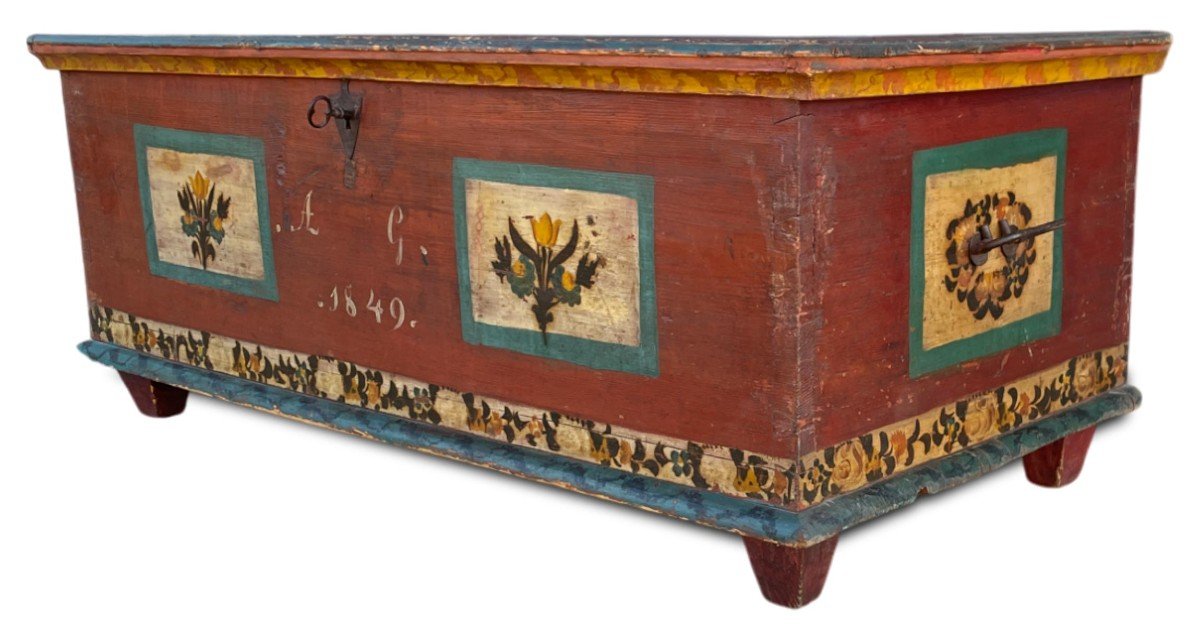 Alpine Red Painted Chest Dated 1849  -photo-3