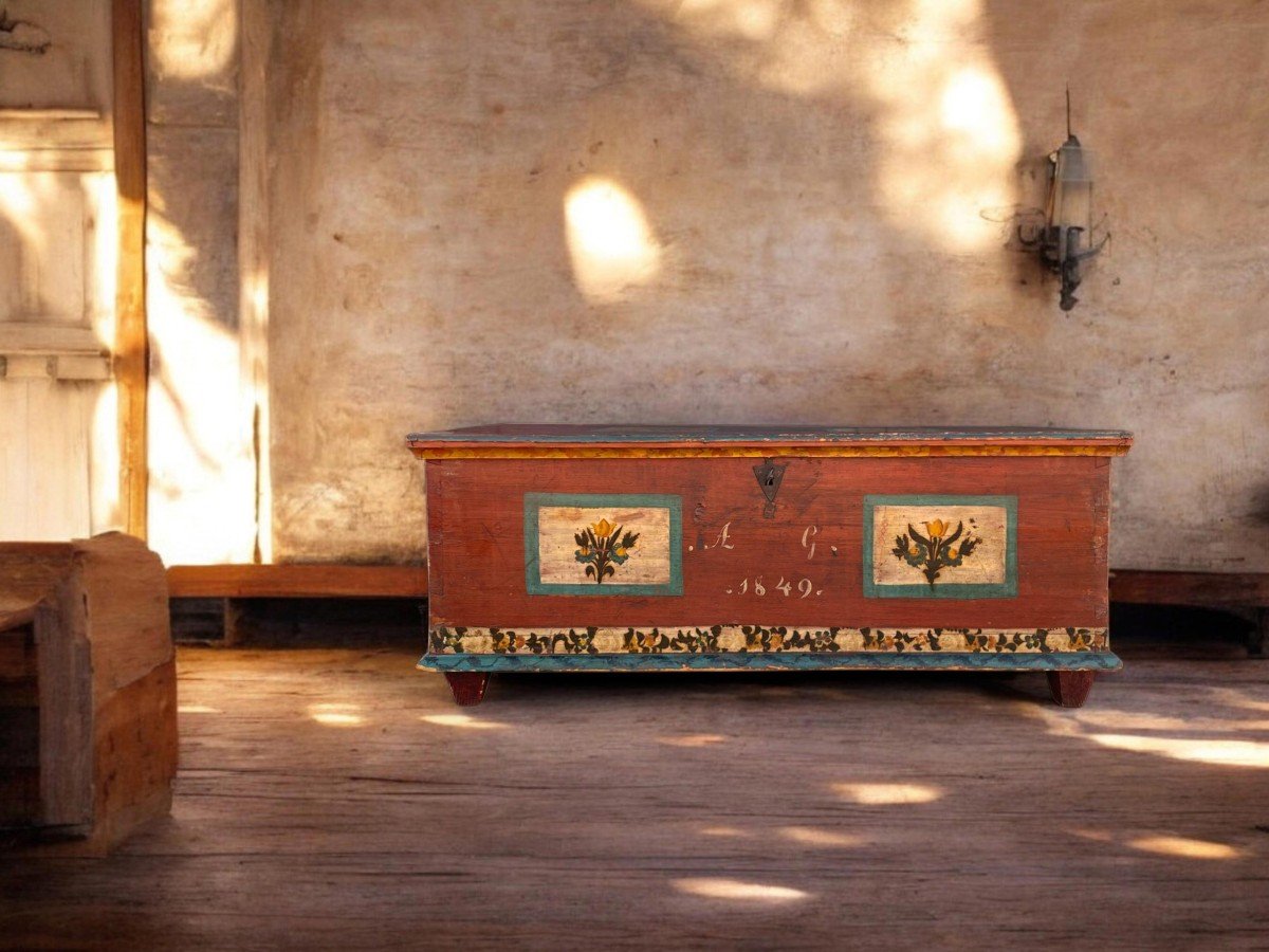 Alpine Red Painted Chest Dated 1849  -photo-1