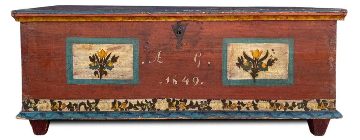 Alpine Red Painted Chest Dated 1849  