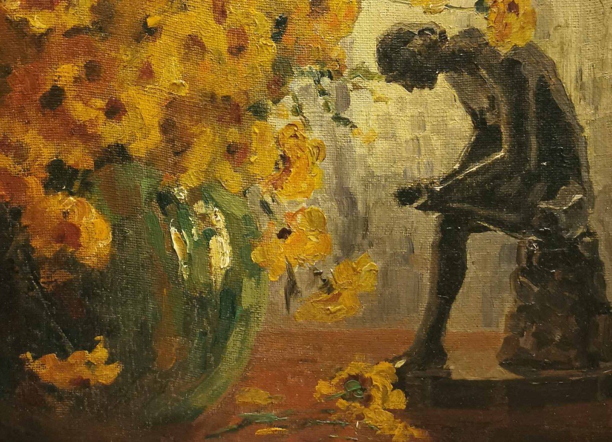 Table With Yellow Daisies And Statuette-photo-2