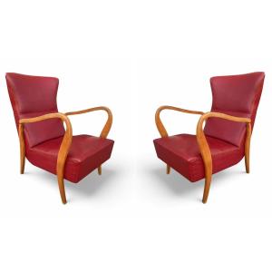 Pair Of Red Eco-leather Italian Armchairs. 