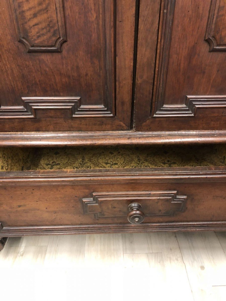 Walnut Wardrobe With Perforated Cymas And Coat Of Arms, With Lily Of The Farnese Family, Parma-photo-1