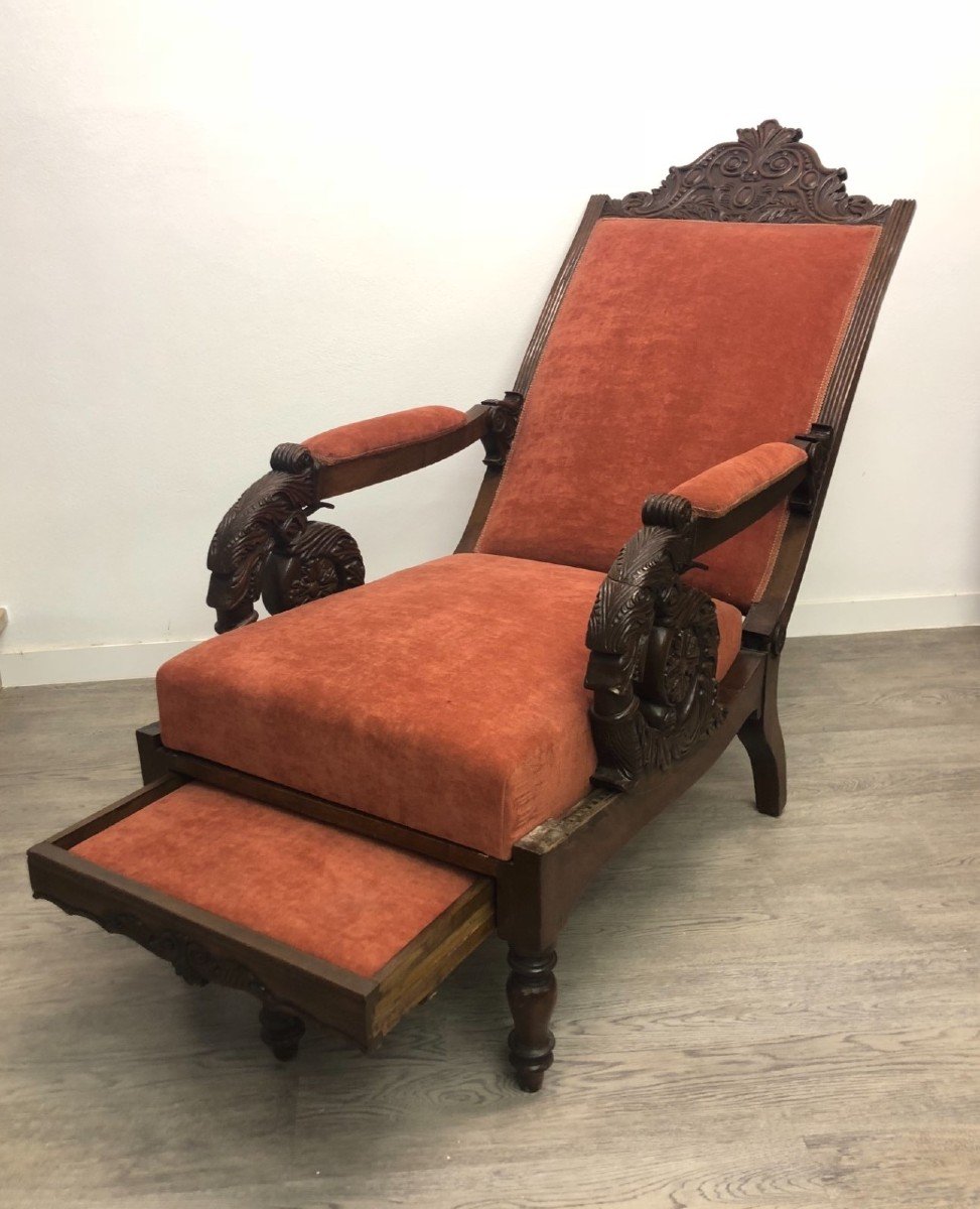 Mahogany Armchair With Reclining Back And Footrest-photo-2