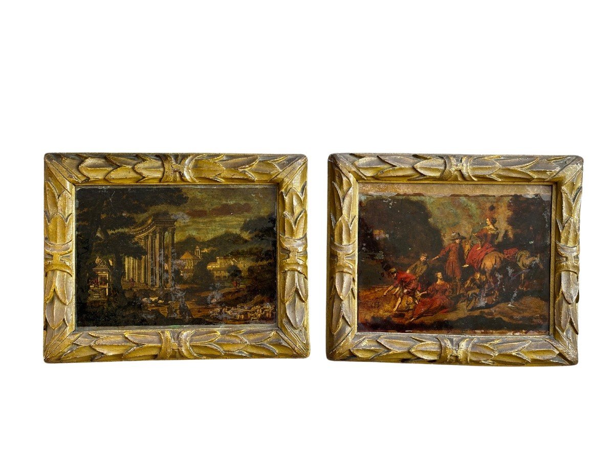 Pair Of Lacquered Piemontesi Frames With Watercolor Engravings 